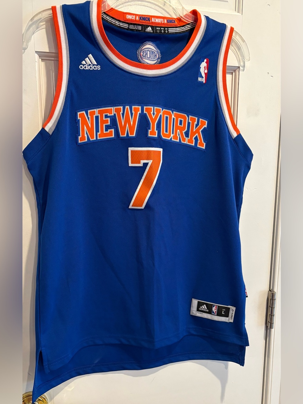 Kids Adidas Blue NY Knicks Basketball Jersey with Orange & White Trim. Size L